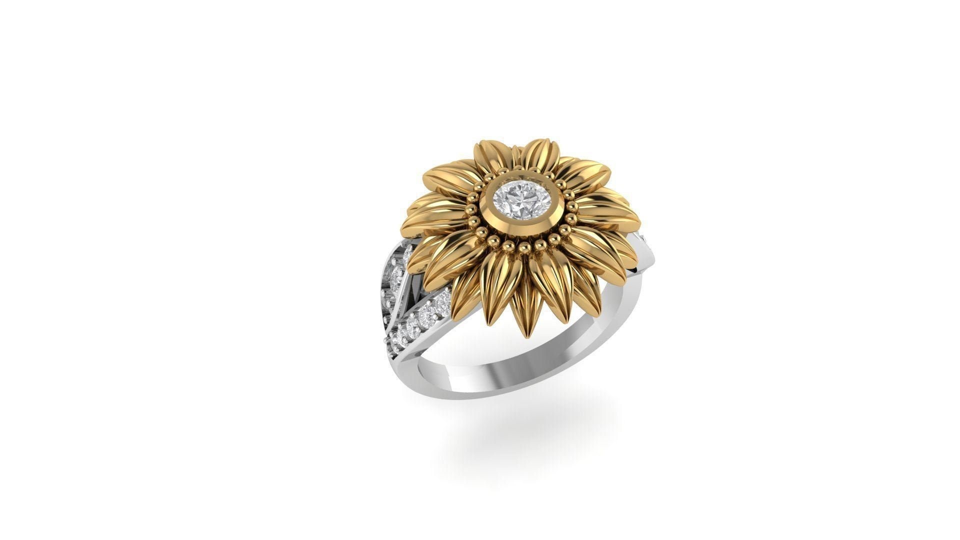 14k Gold Over Sunflower Ring Diamond Flower Ring Flower