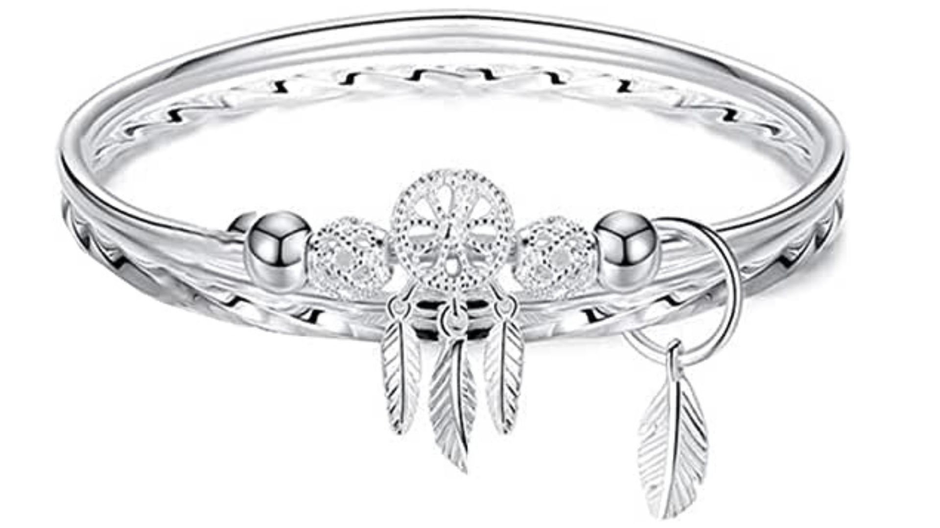 HAODA Sterling Silver Feather Dangle Charm Bracelet for Women