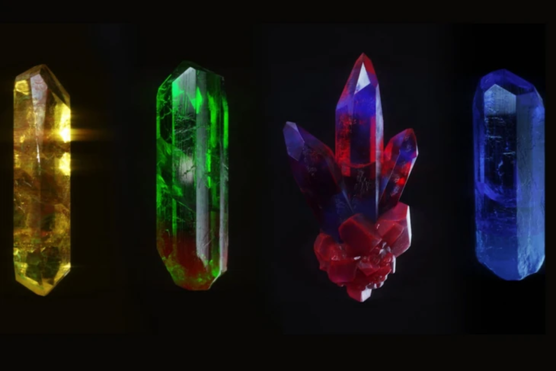 Four different gemstones on a dark background