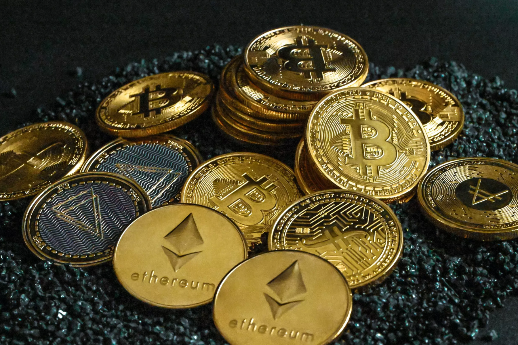 An assortment of cryptocurrency coins