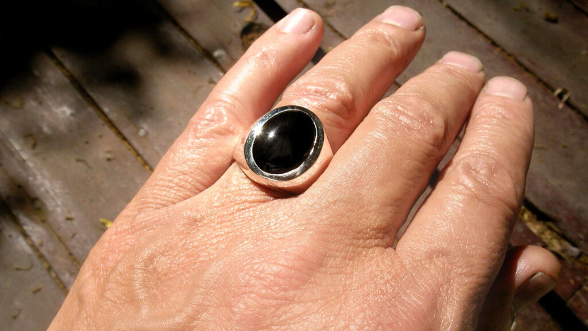 Mens Heavy Oval Black Onyx Ring in Sterling Silver