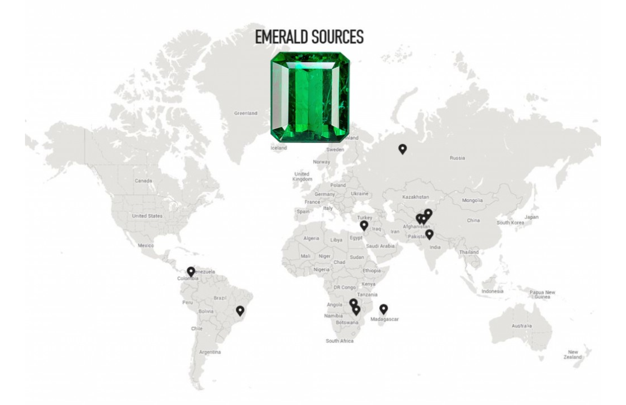 A map showing the locations of emeralds