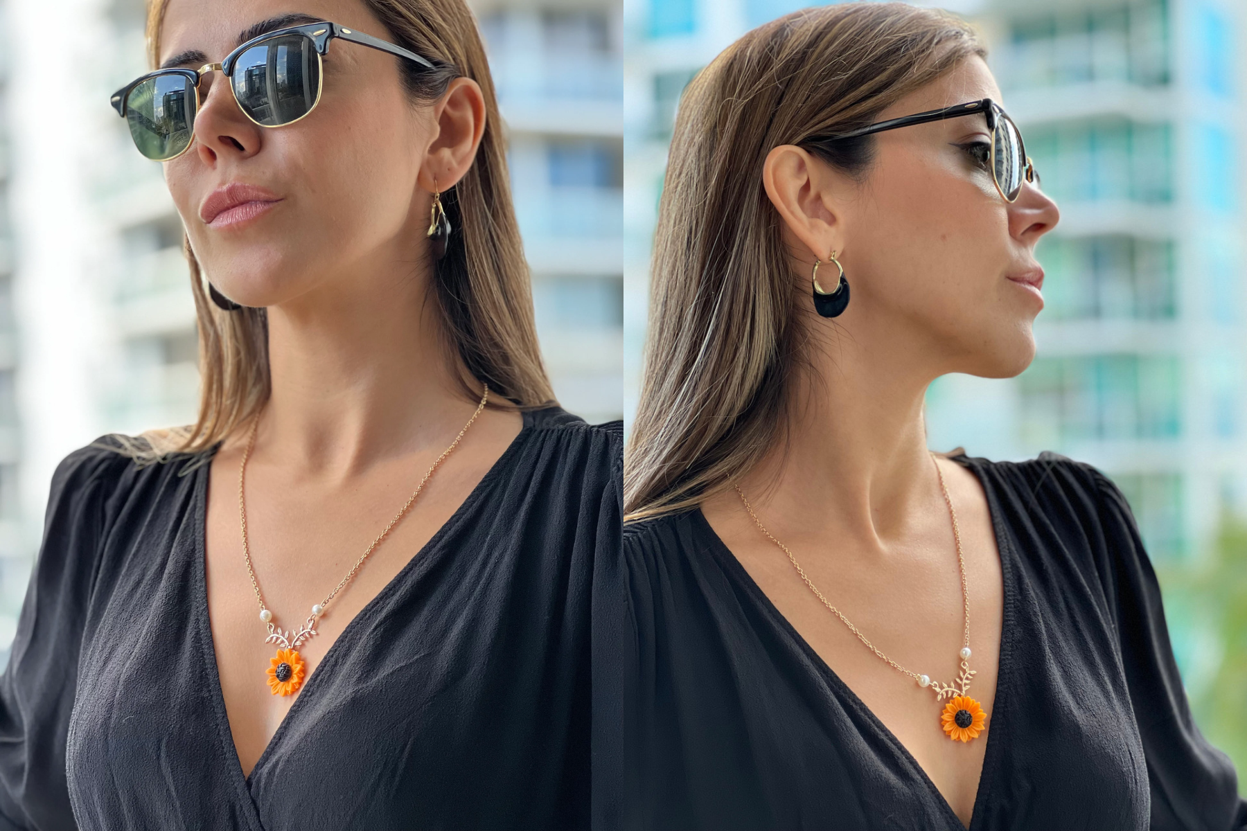 Two images depict a woman wearing a pendant necklace with a sunflower design, posing for the camera