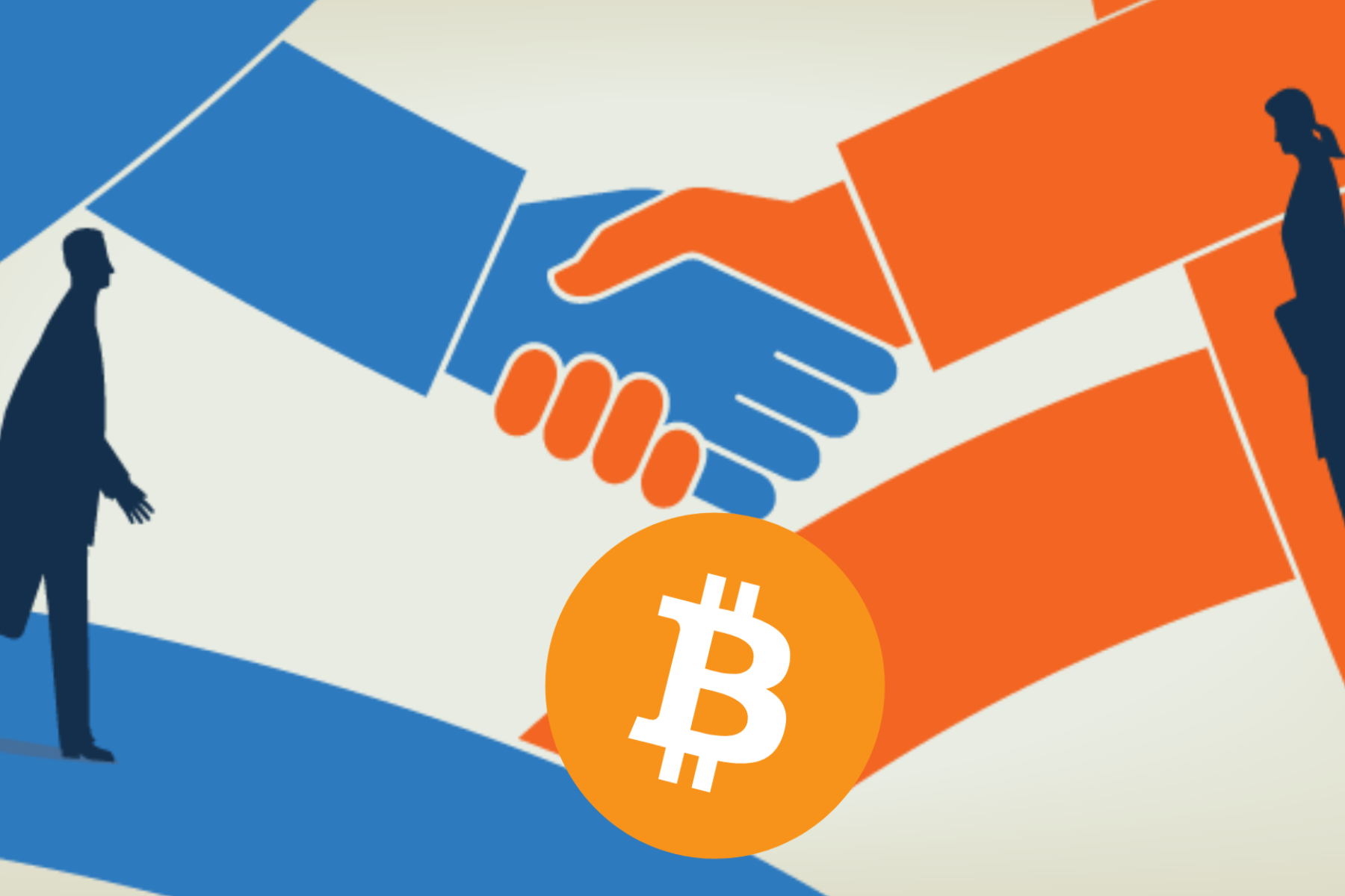 A Bitcoin being held by two hands in a handshake gesture