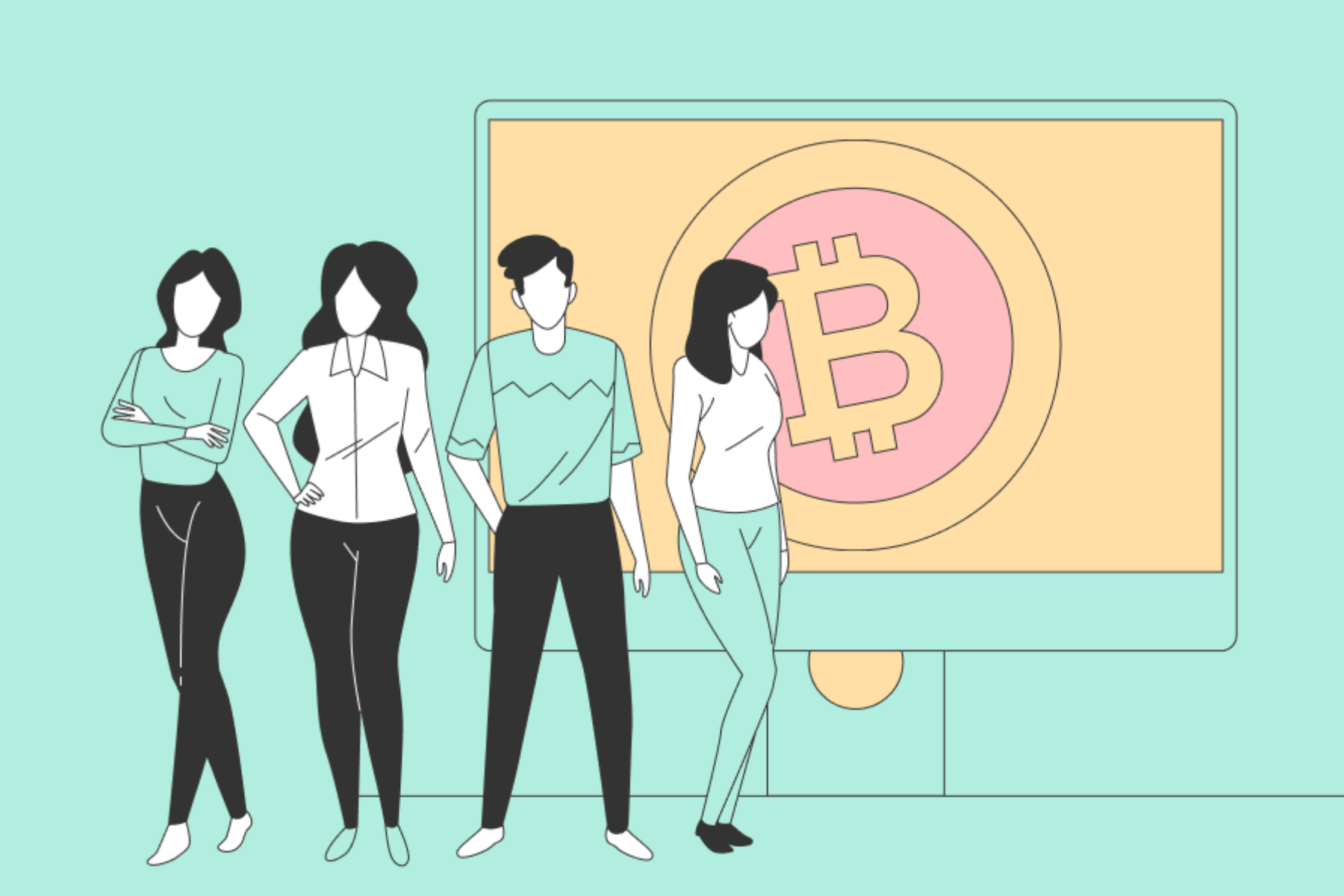 A crowd of individuals standing beside a massive display featuring the Bitcoin emblem