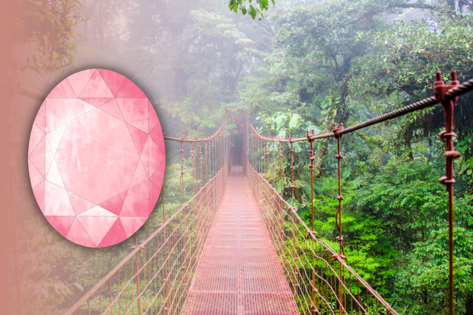A wooden bridge surrounded by trees, featuring a large pink gemstone at its center