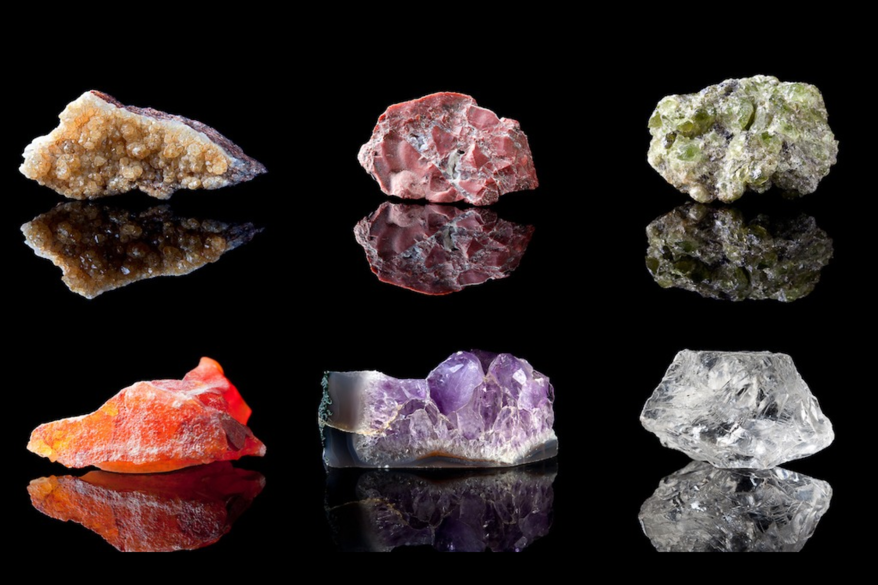 The image shows six raw stones of different types