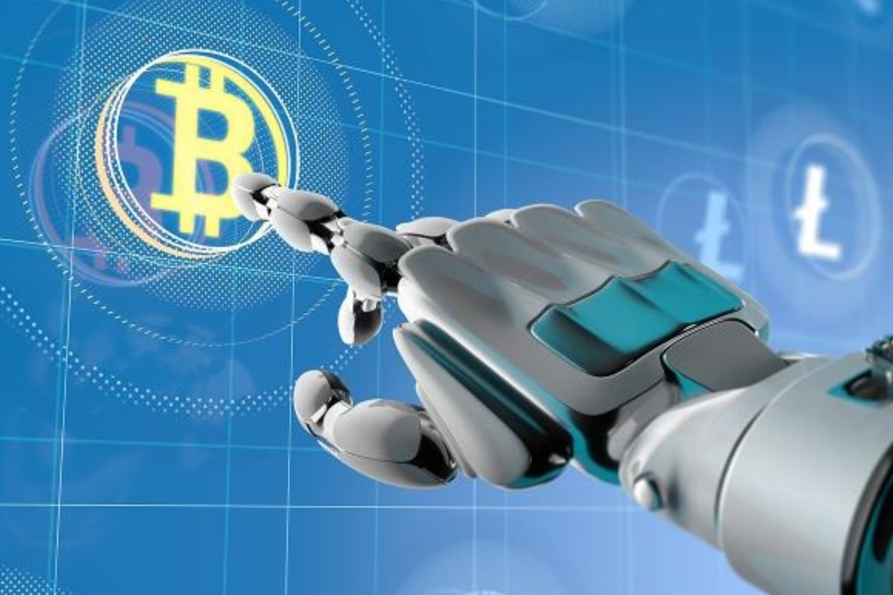 In the image, a robot is shown clicking on a Bitcoin logo