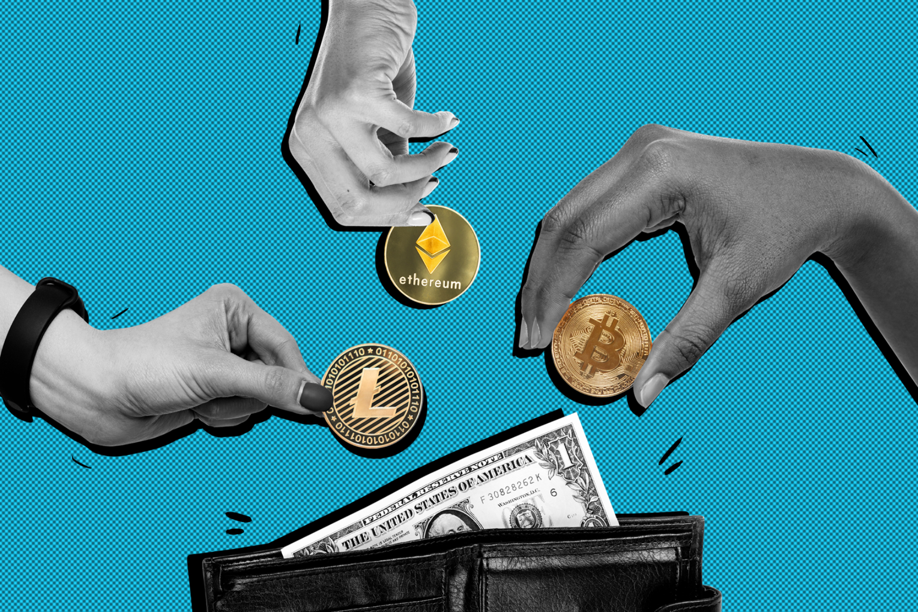 Tree hands holding various cryptocurrency coins on a wallet