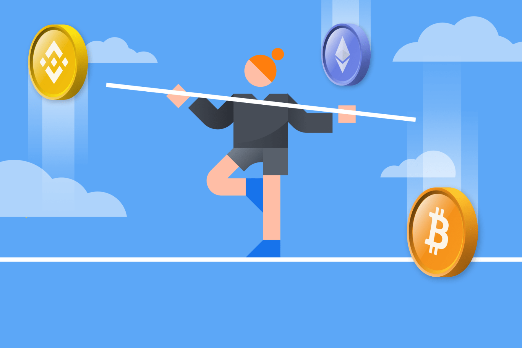 A woman balancing on a rope with the help of a stick while a number of crypto gems are falling around her