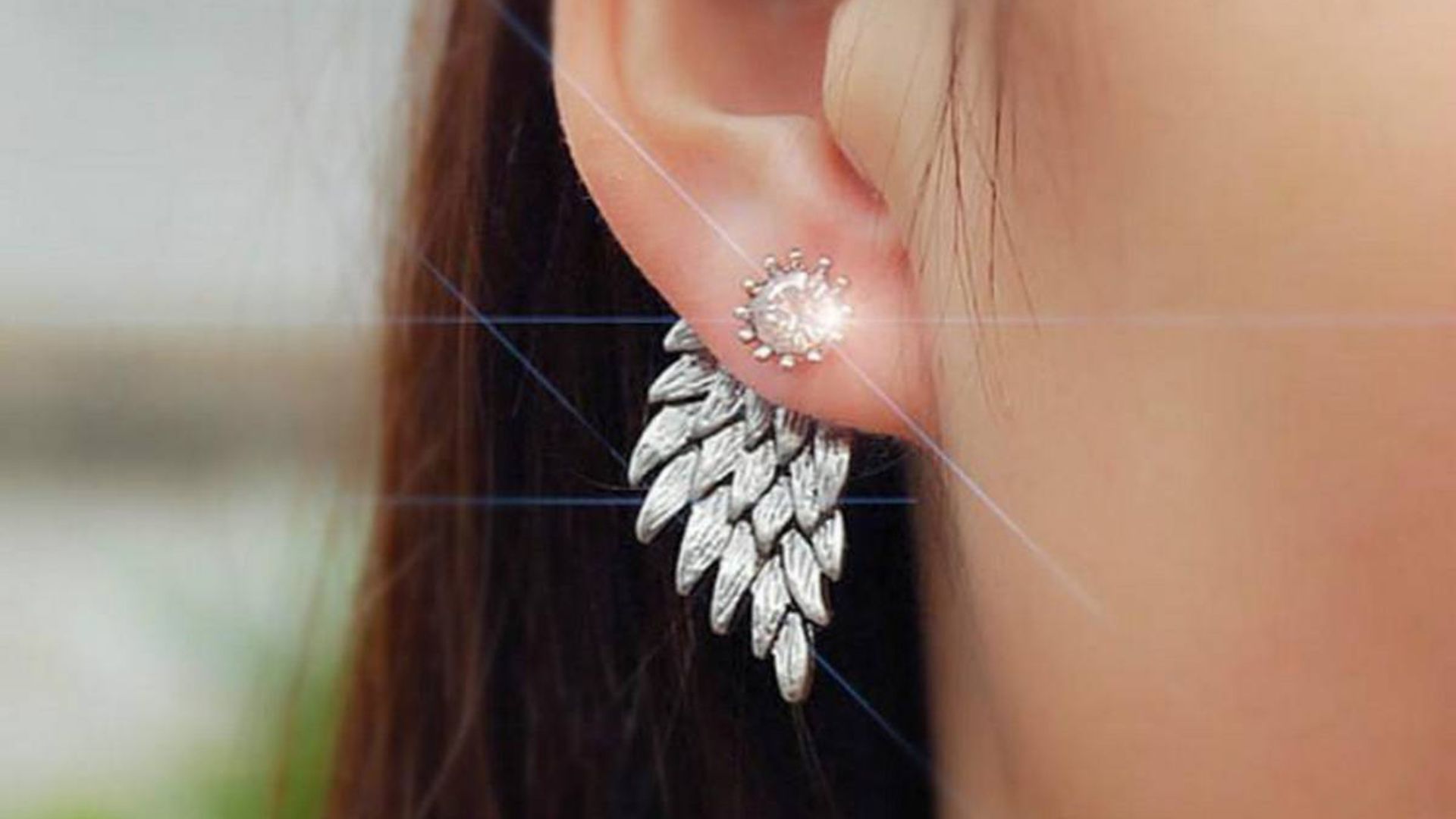 Crystal Angel Wing Feather Ear Jacket Fashion Stud Earrings