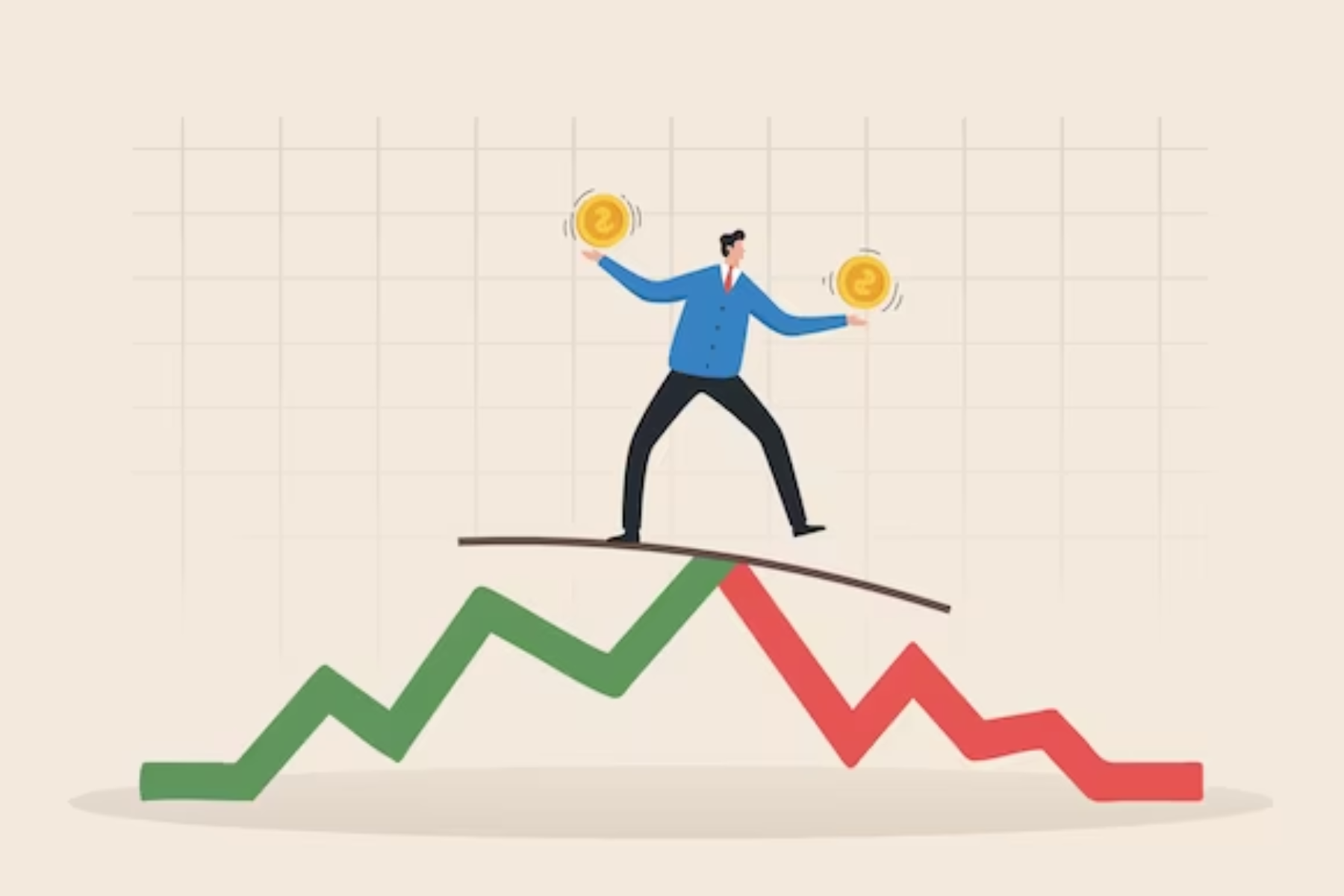 A man balancing between two different graphs while holding coins