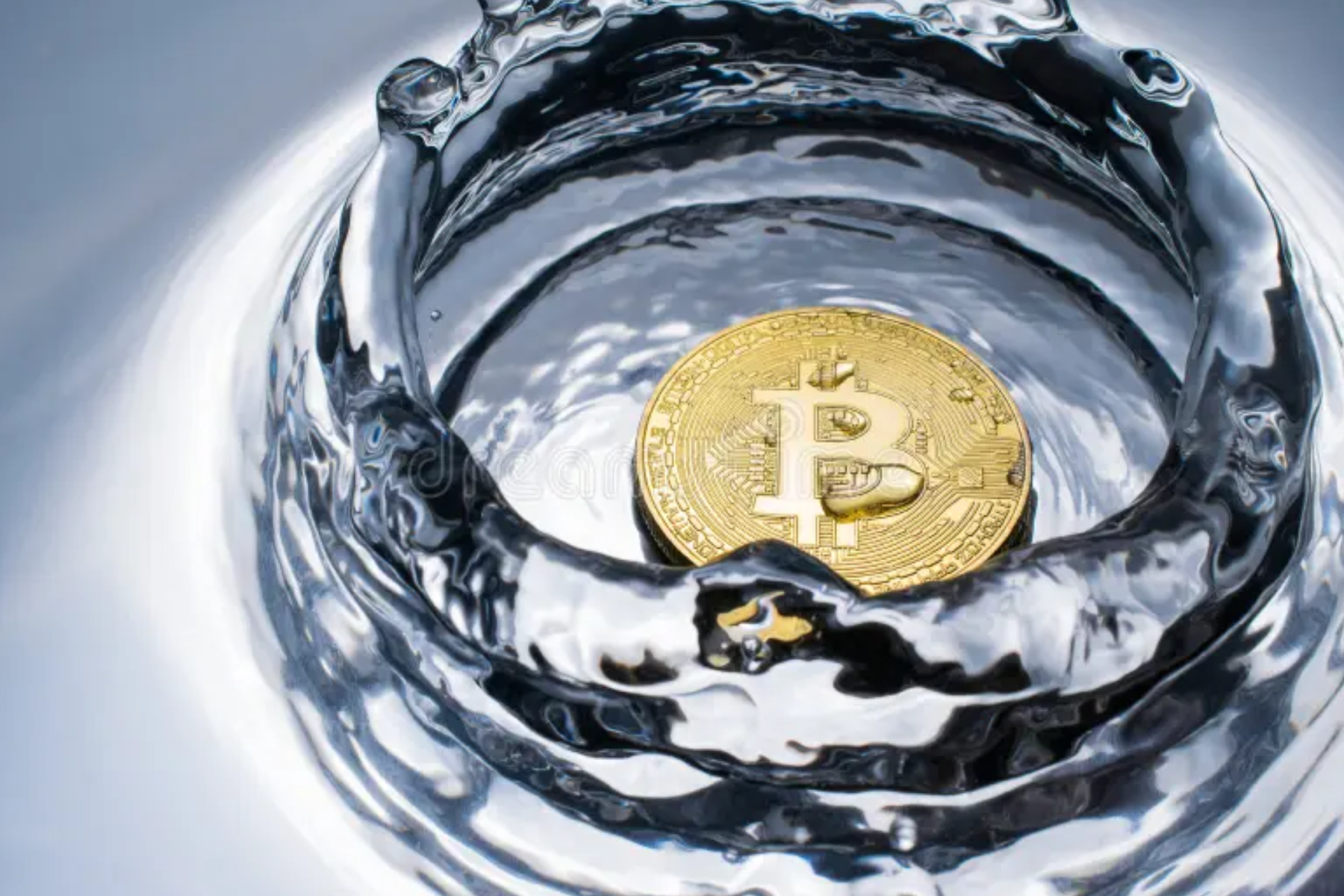 A water splash resulting from a Bitcoin hitting the surface of the water