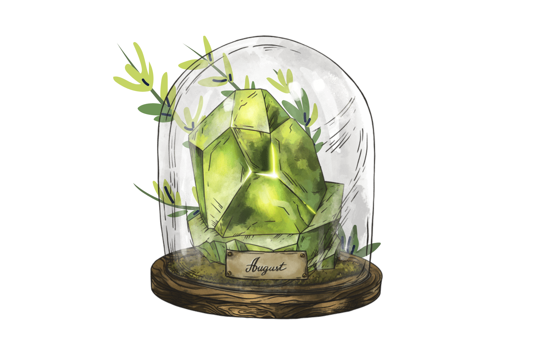 Peridot in a glass jar with leaves on the outside