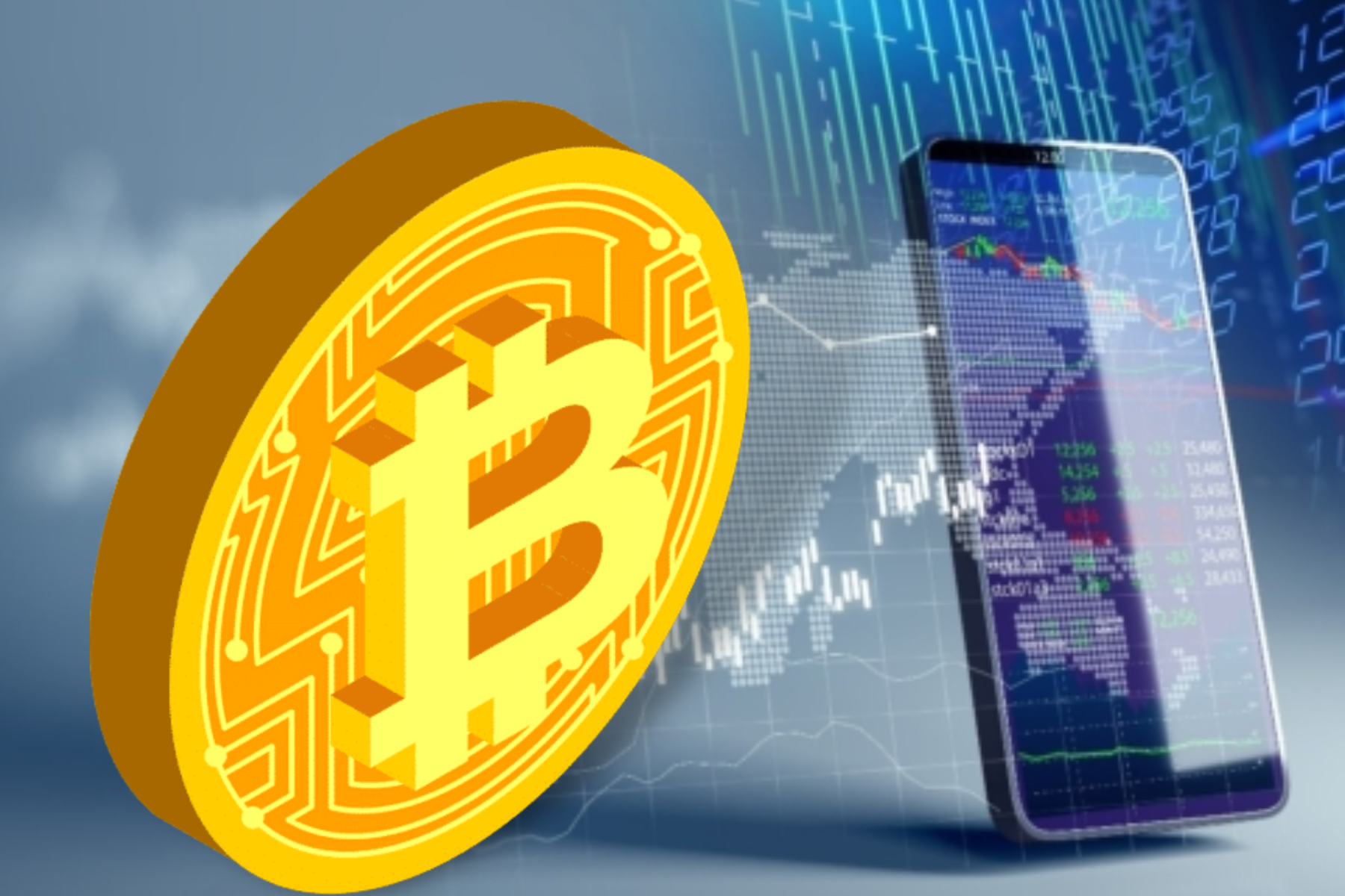 A smartphone displaying graphs alongside a Bitcoin