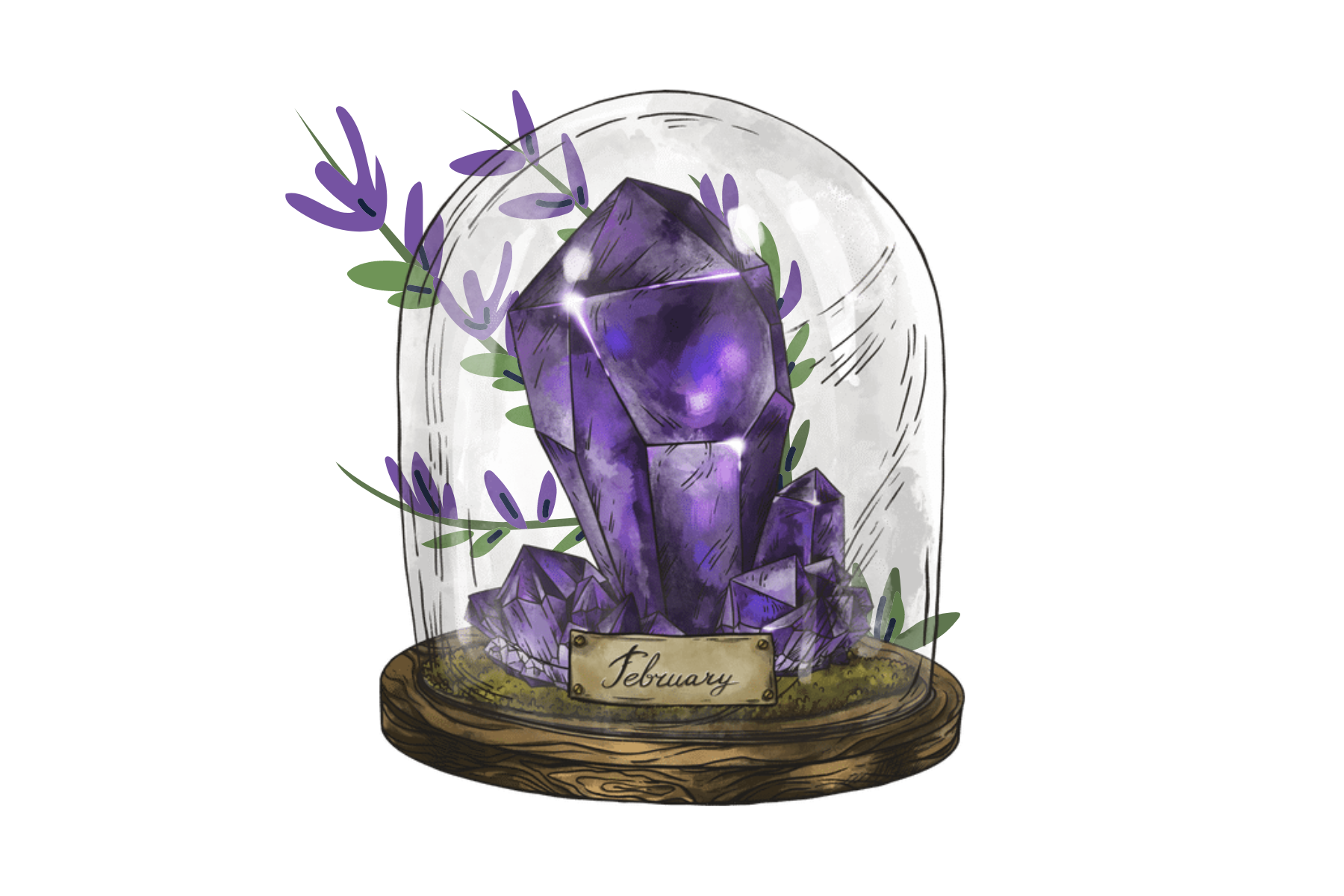 Amethyst in a glass jar with leaves on the outside