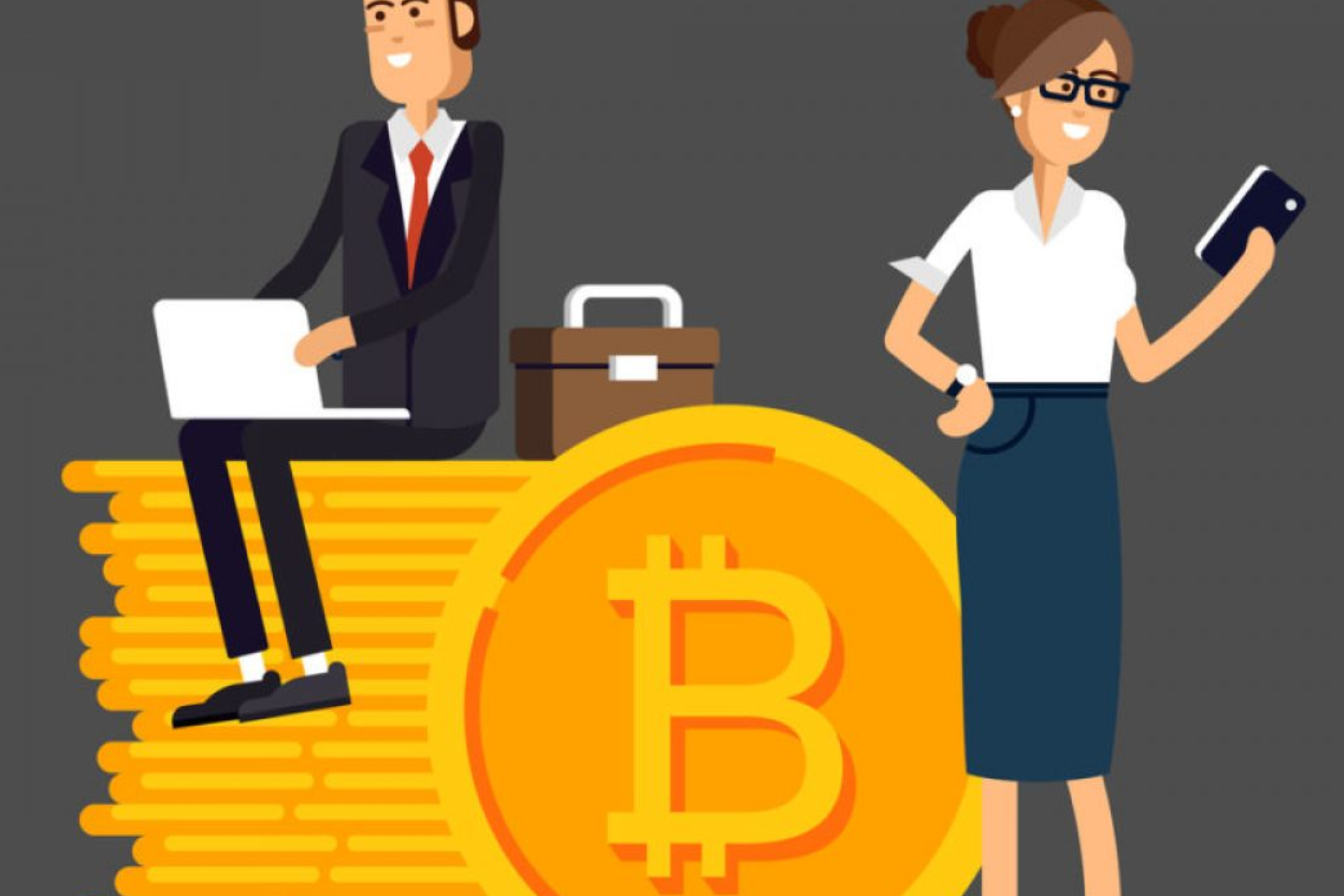 A man and a woman in business attire using their electronic devices. The man is seated on a pile of Bitcoins