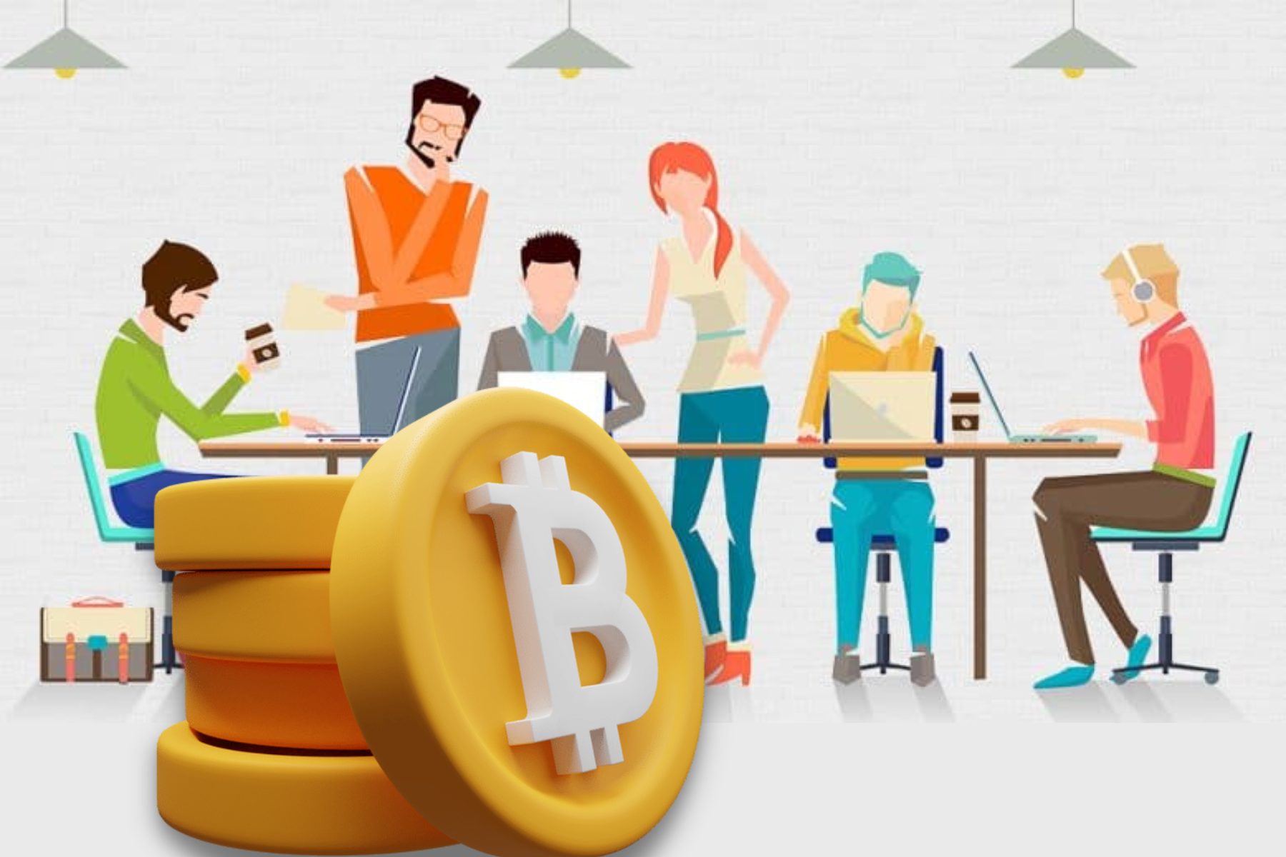 Several people assessing one another while standing on a large pile of Bitcoins