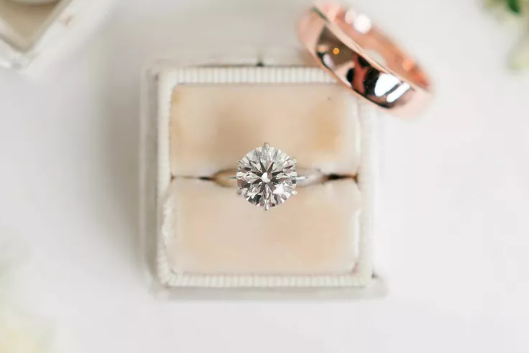 A classic solitaire ring band on a jewelry box