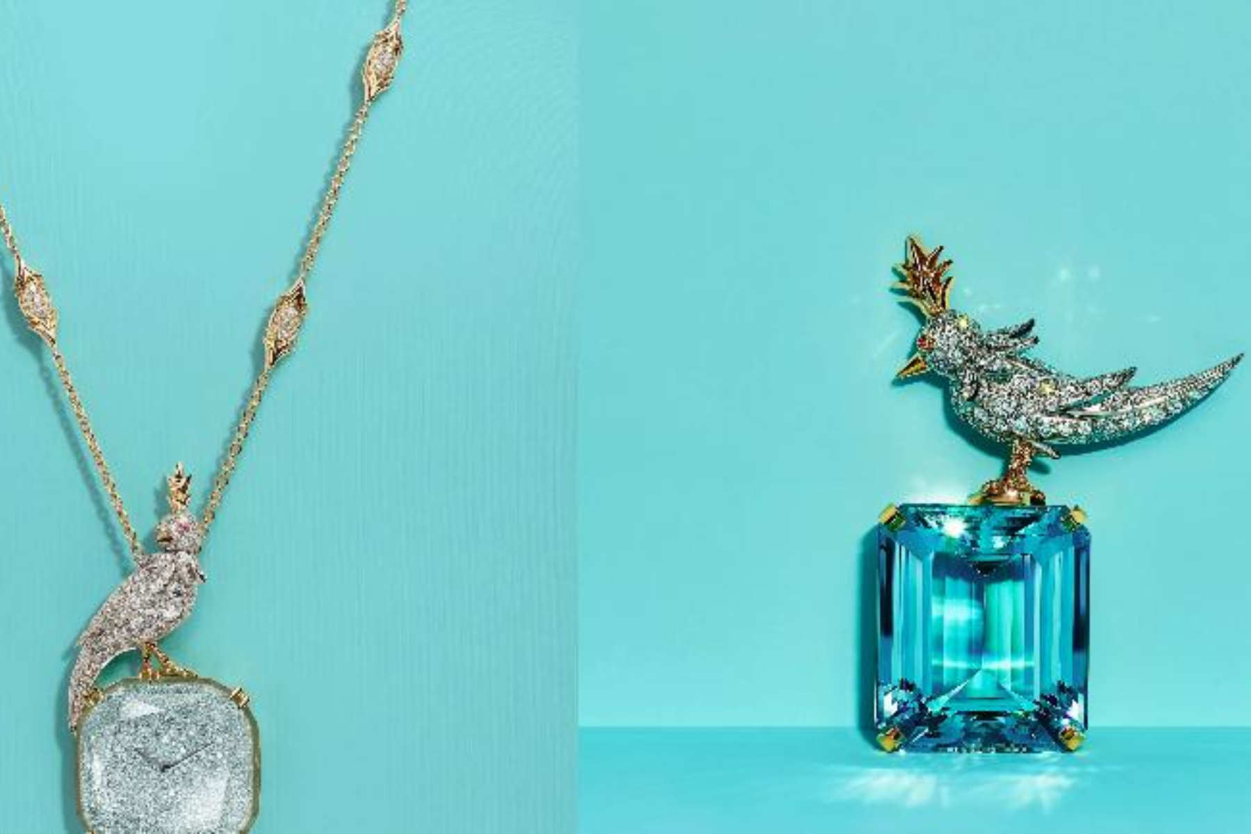 A close-up of a bird on a rock pendant watch, right next to a blue stone that also has a bird