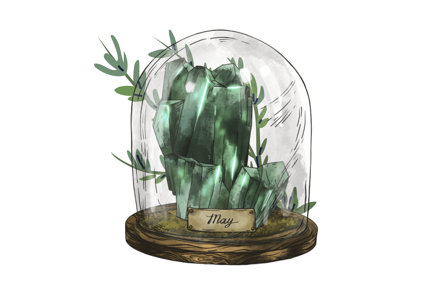 Emerald in a glass jar with leaves on the outside