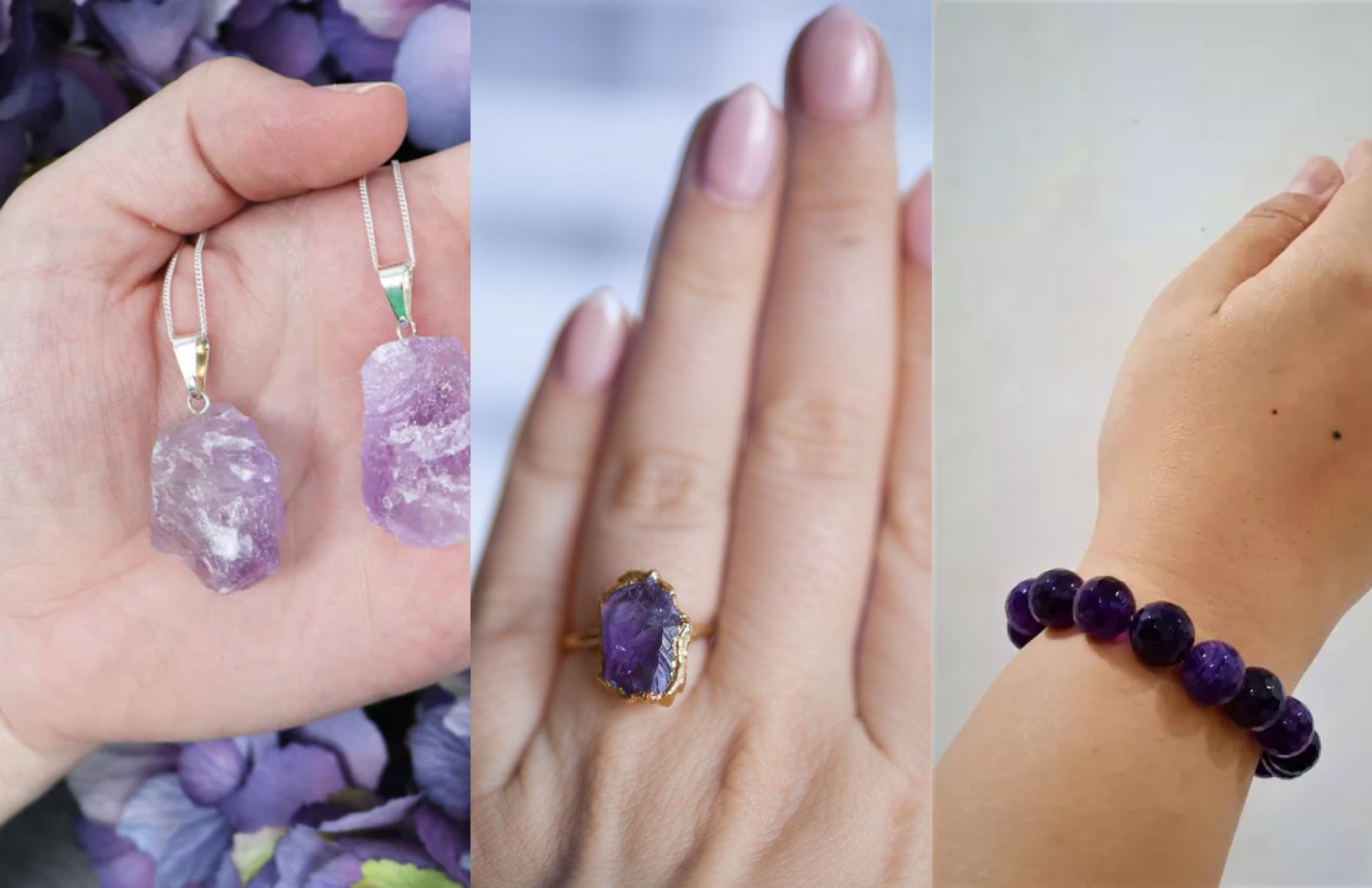 The three different types of jewelries made of amethyst