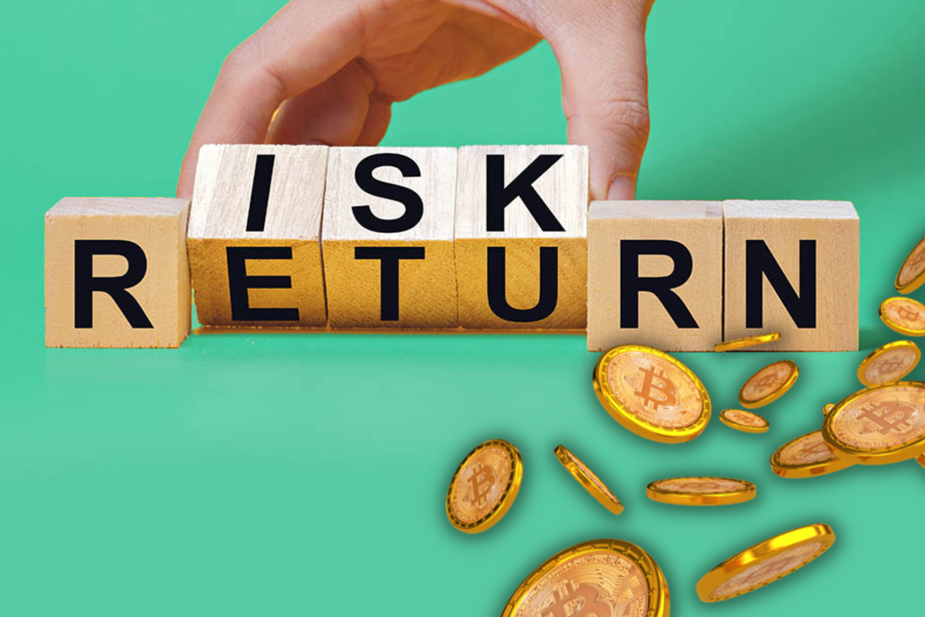 Blocks labeled "Risk and Returns" is placed next to a graphic of falling Bitcoins