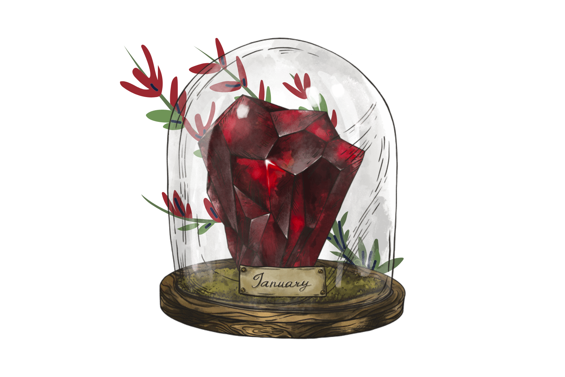 Garnet in a glass jar with leaves on the outside