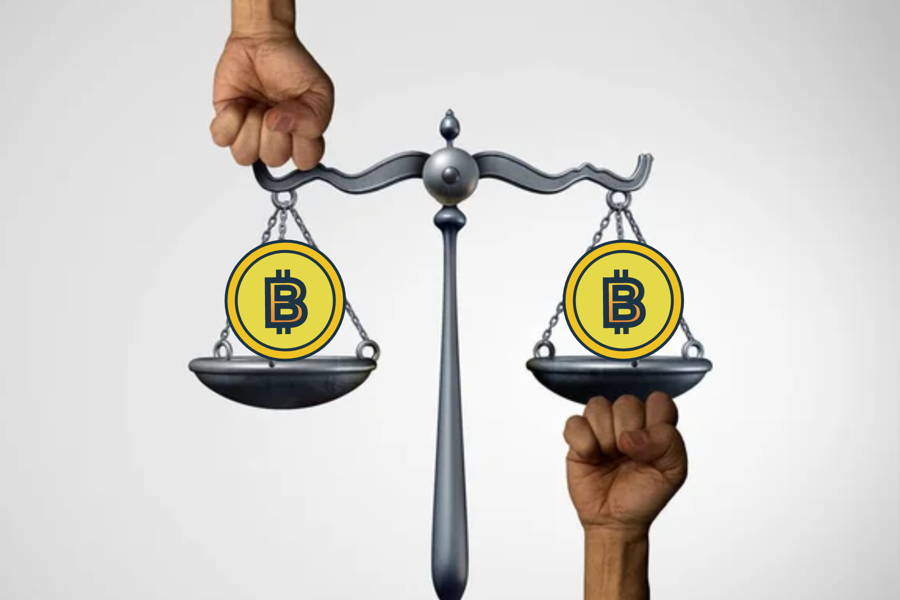 A scale with two Bitcoins of equal weight on each side