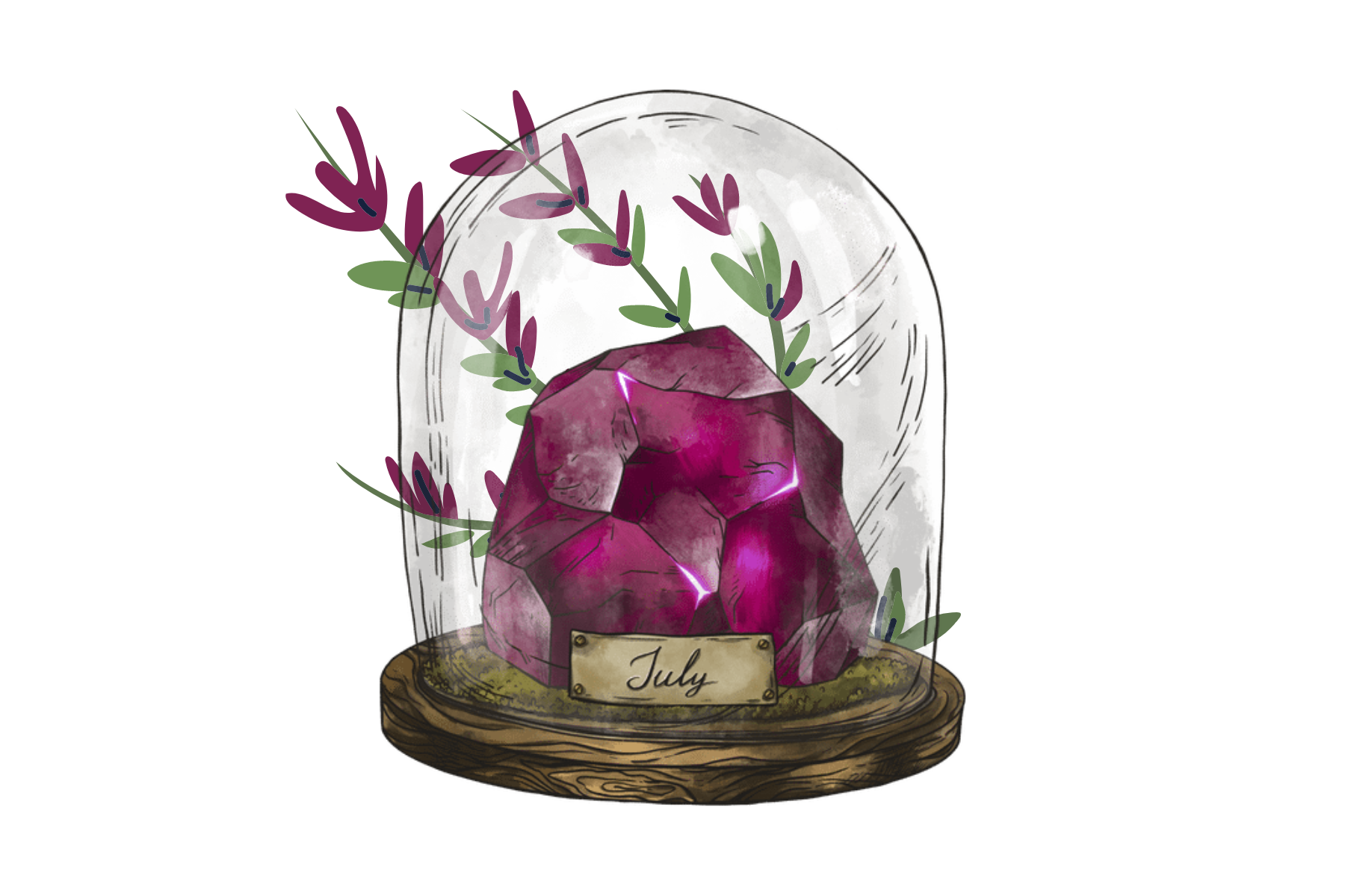 Ruby in a glass jar with leaves on the outside