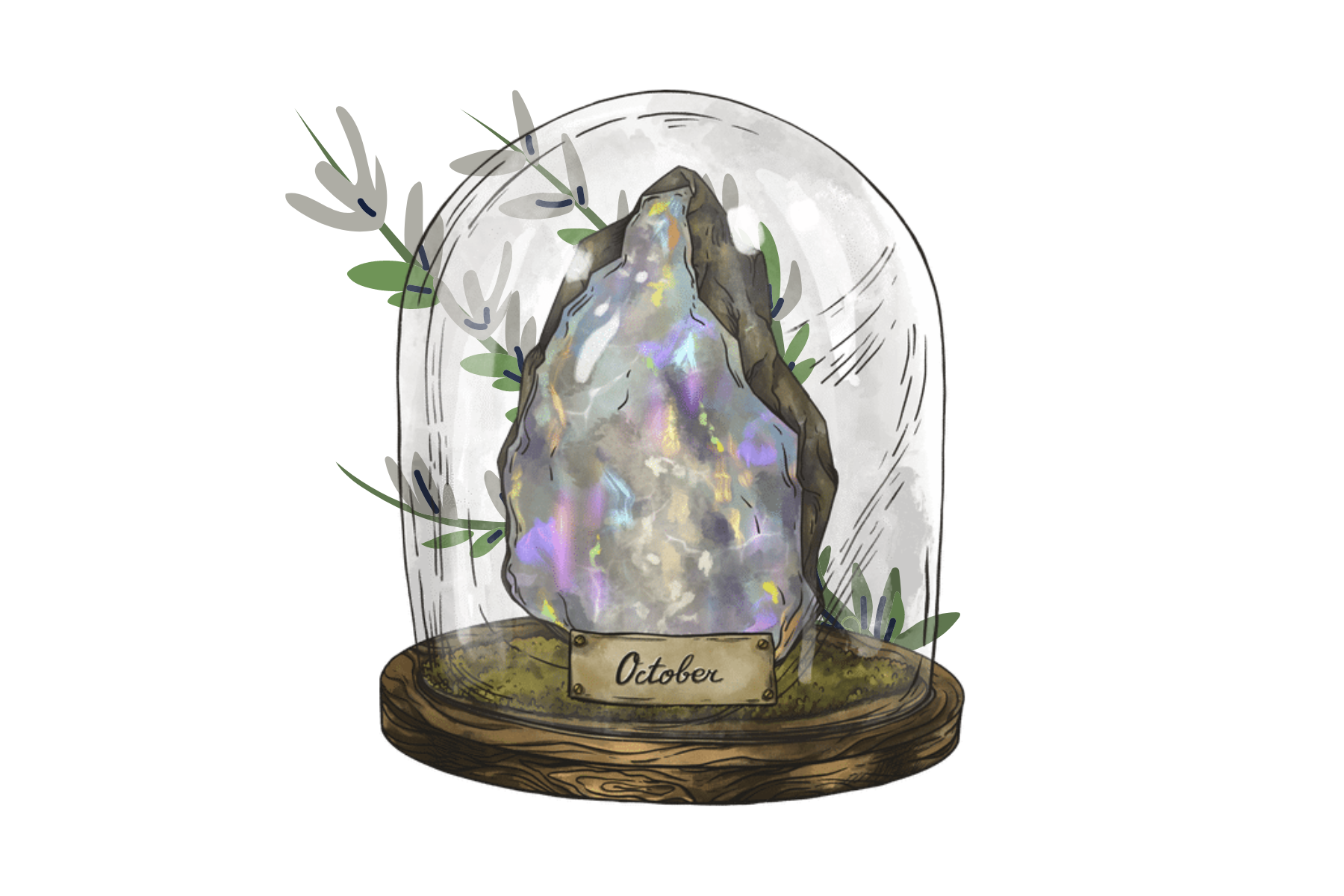 Opal in a glass jar with leaves on the outside
