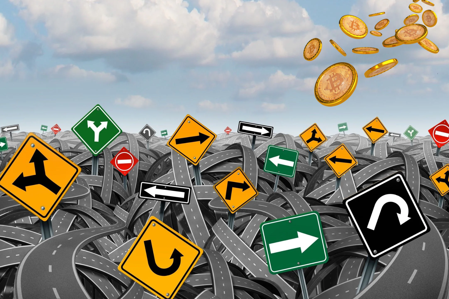 A road with winding curves and various traffic signs, with digital Bitcoins falling from the sky