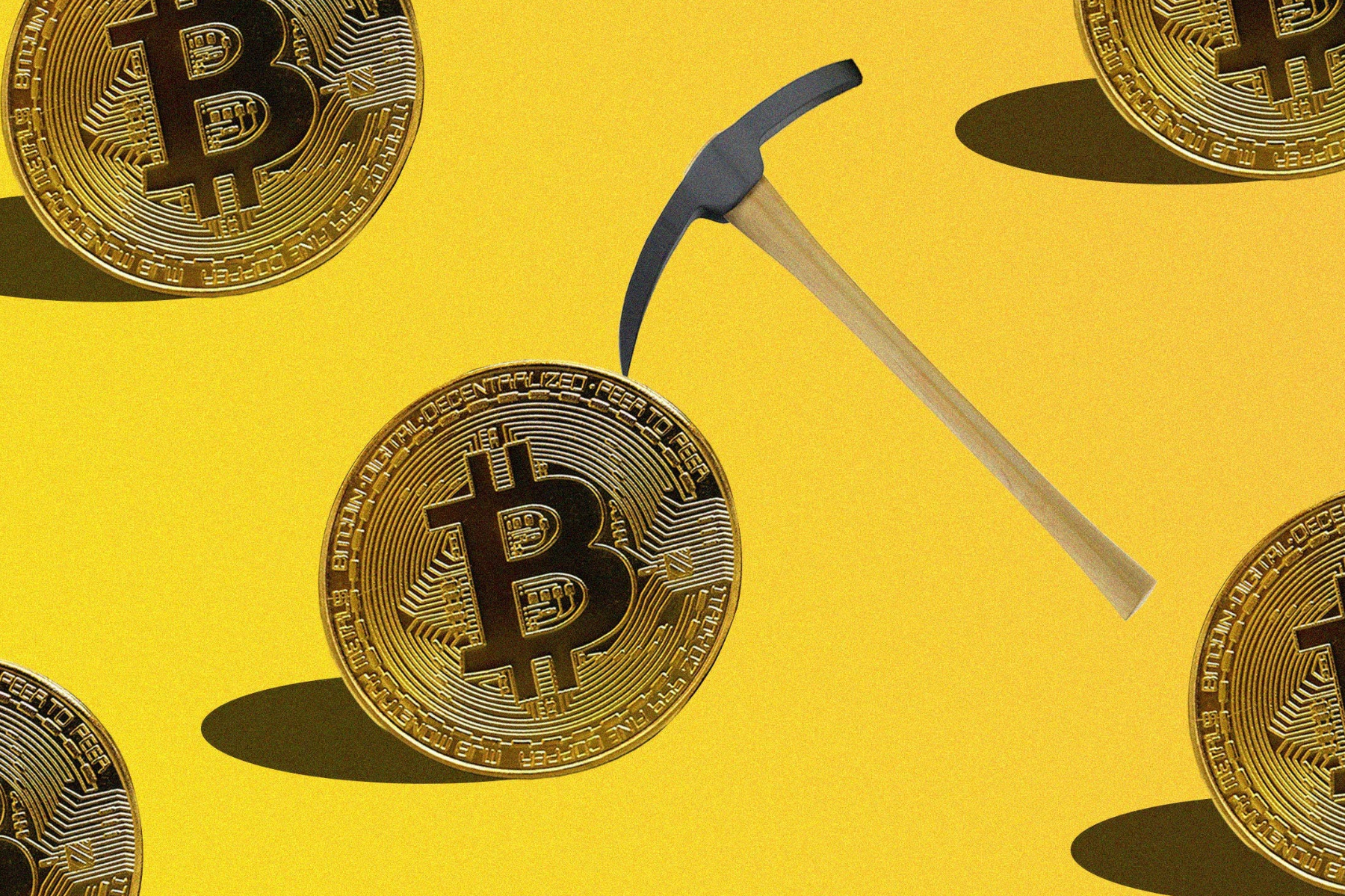 Five Bitcoin and a pickaxe placed on a yellow background