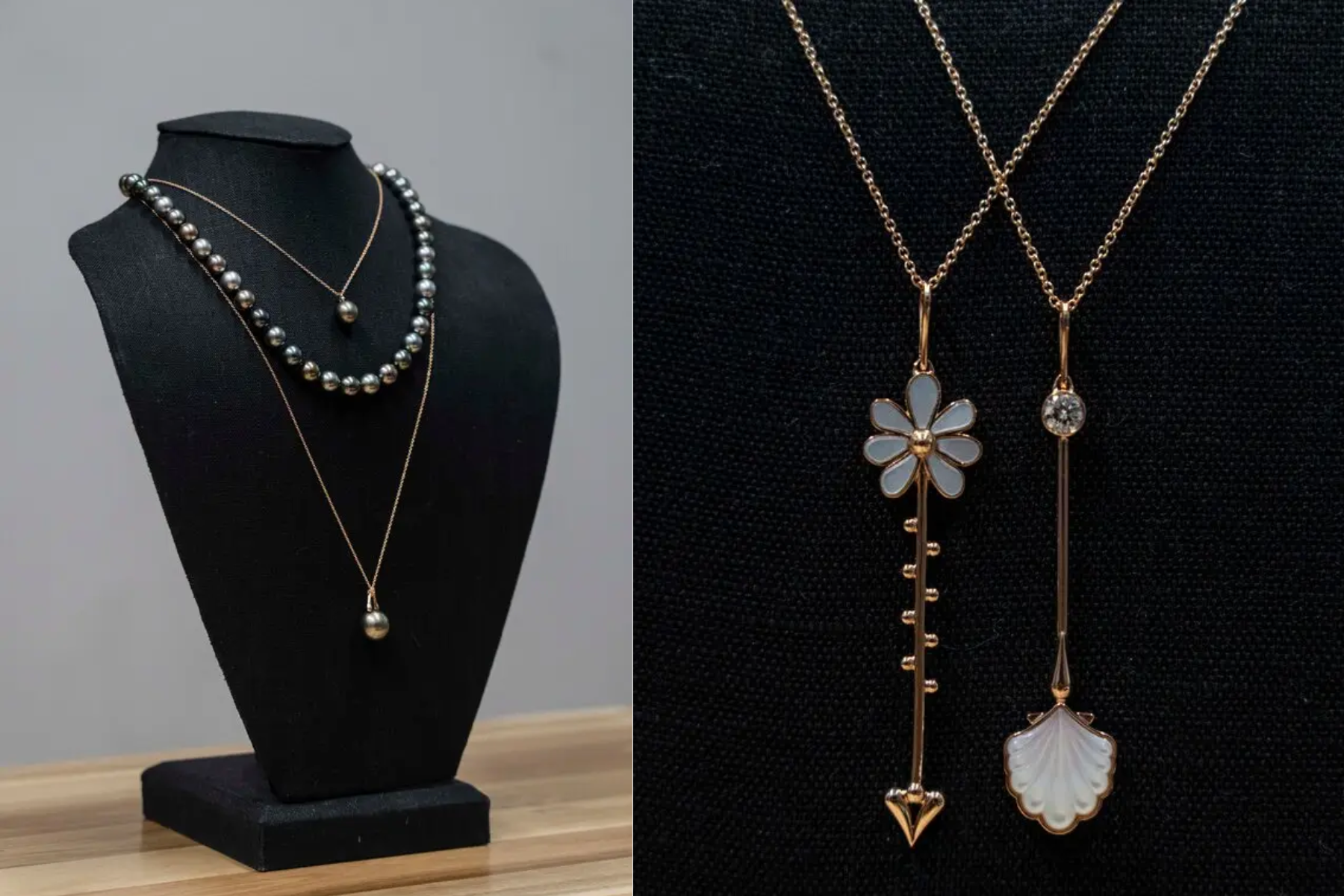 The Tahitian pearl necklaces and 18k gold necklaces, the Bloom Wand, left, and Water Wand