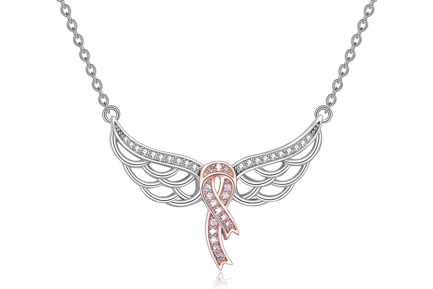 A necklace with wings and a ribbon in the center