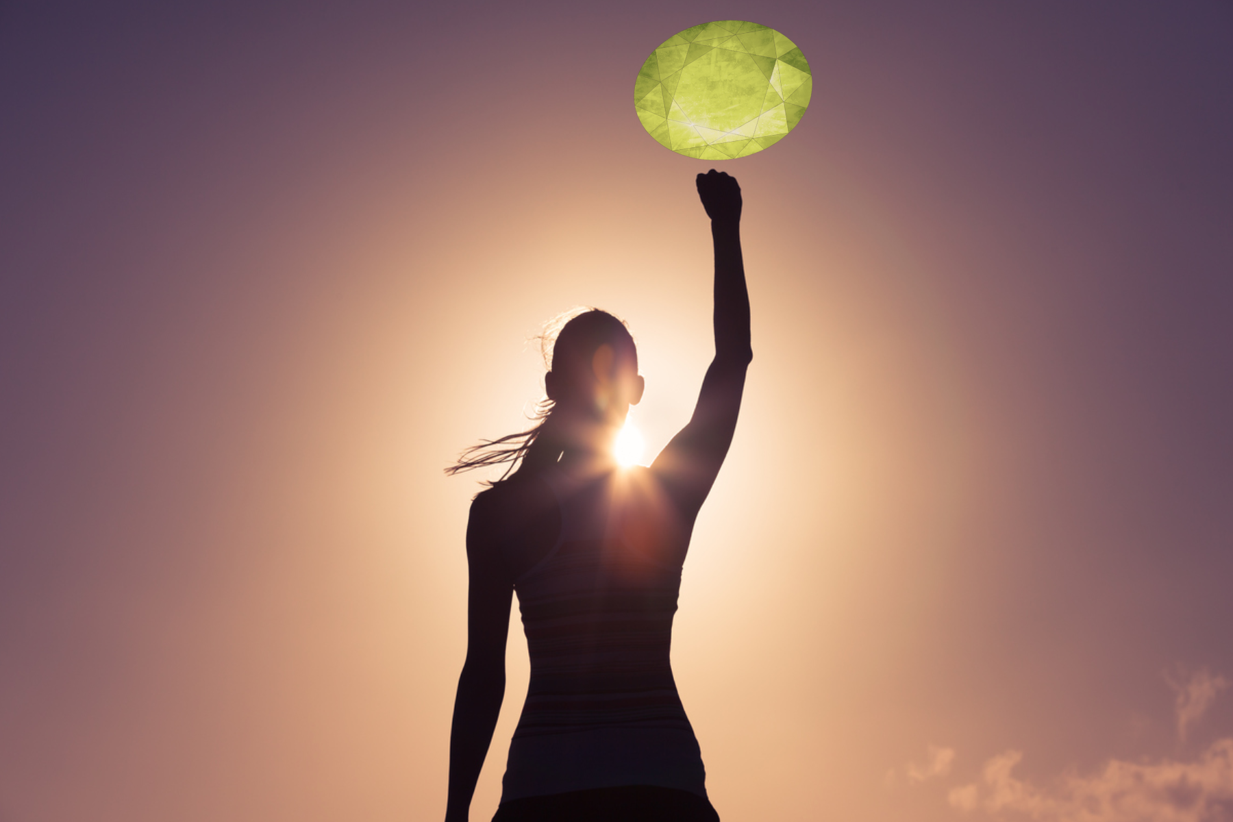 A woman's silhouette raising her hand, with a peridot on top