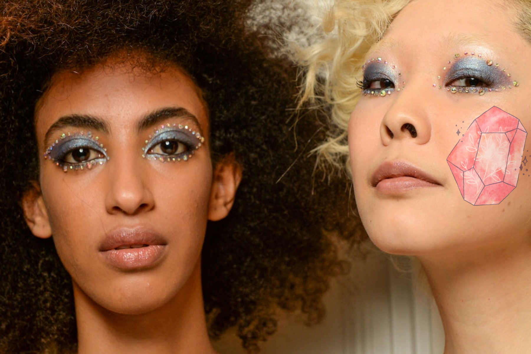 A black woman and an albino woman, both wearing gemstones on their faces
