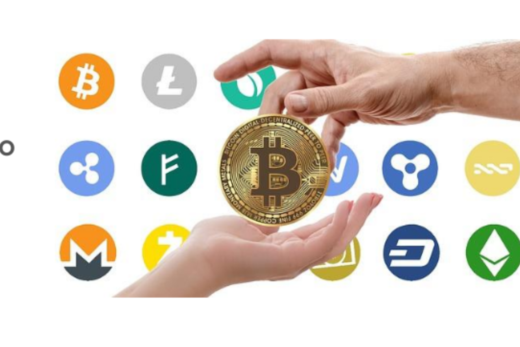 The two hands holding a physical Bitcoin in the foreground. The hands are positioned in front of a background featuring a collection of various cryptocurrency symbols and gems