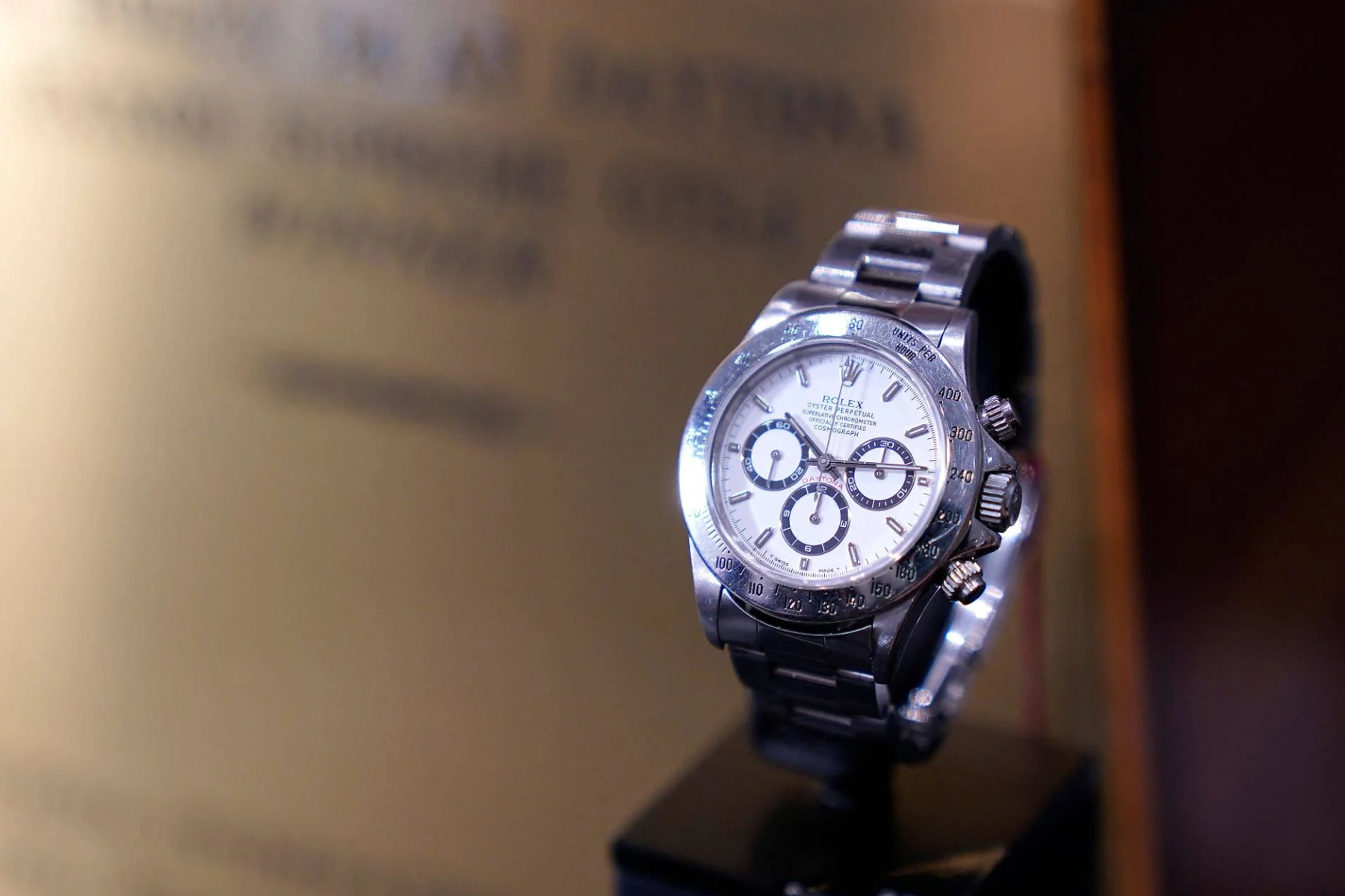 The 1993 Rolex reference 16520 Zenith Daytona, which was awarded to US film director Paul Newman in 1995 when he became the oldest person to win the 24 hours of the Daytona Race, is displayed during Sotheby’s Luxury Week 2023 press preview in New York City on June 1