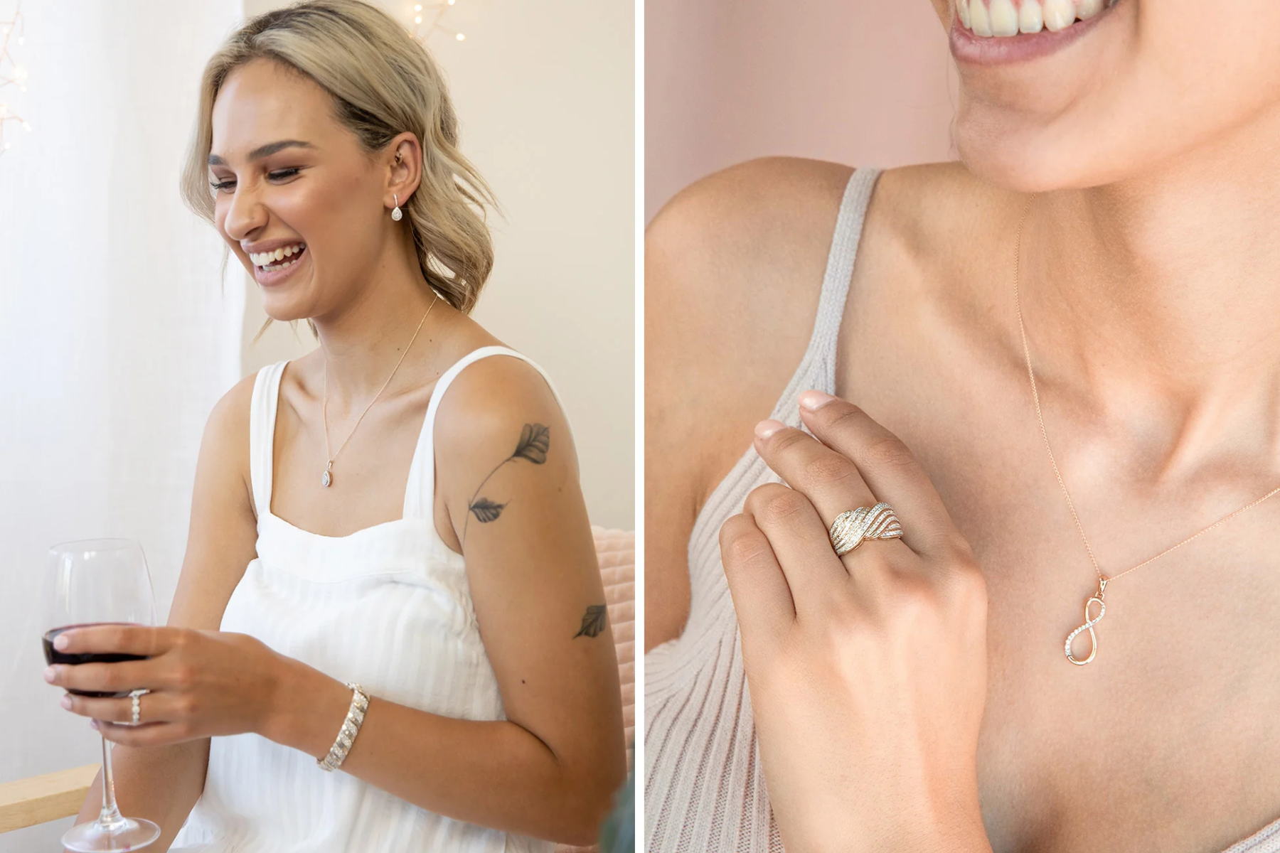Two separate women wear diamond jewelry that is both basic and lovely