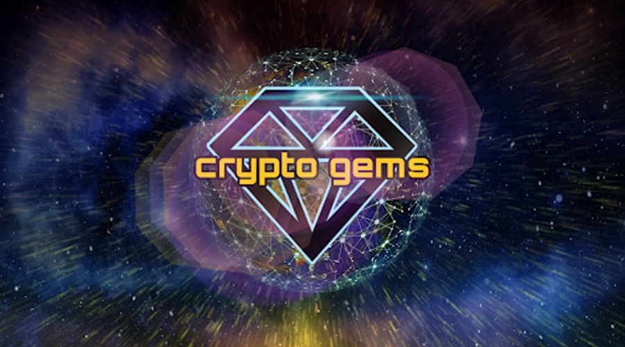 A diamond-shaped logo featuring the text "crypto gems"
