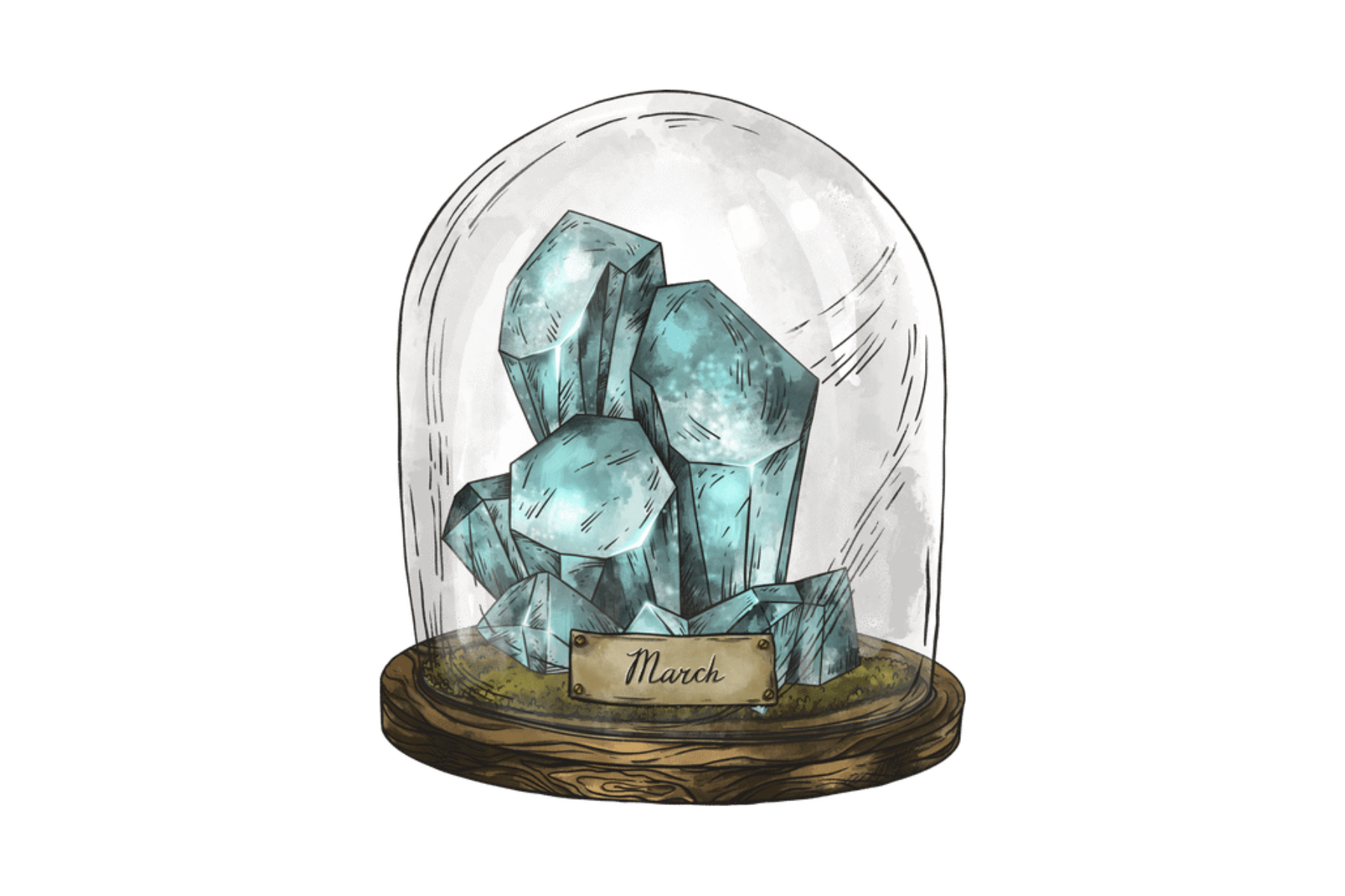 A glass jar with an Aquamarine birthstone