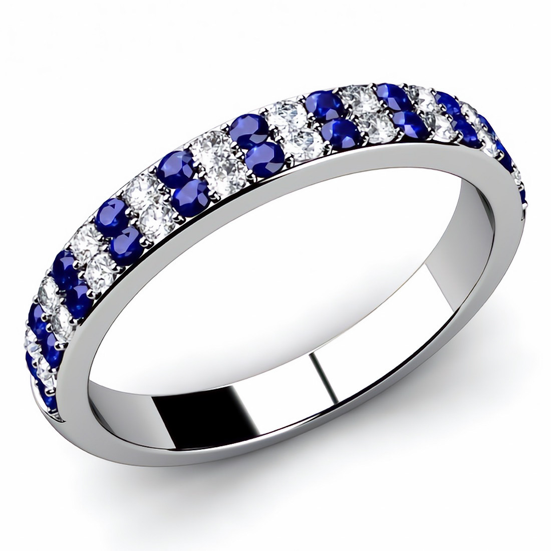 Alternating Double-Row Blue Sapphire Diamond Ring