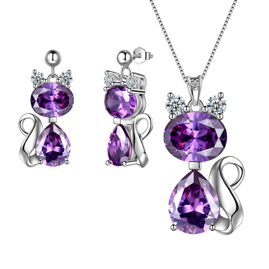 Cat Birthstone February Amethyst Necklace Earring Jewelry Set