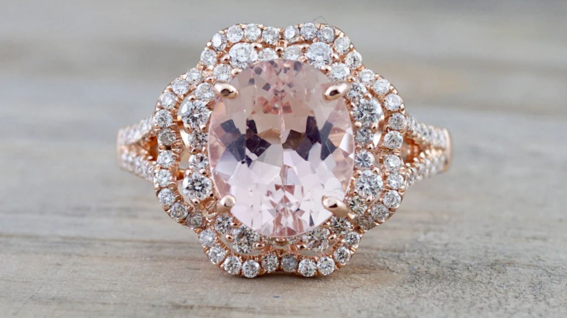 14k Rose Gold Oval Morganite Diamond Double Halo Engagement Ring