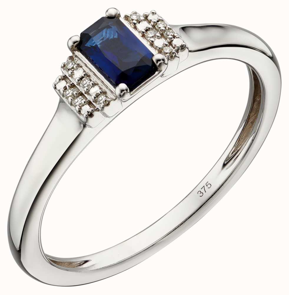 Elements Gold 9k White Gold Sapphire And Diamond Deco Ring