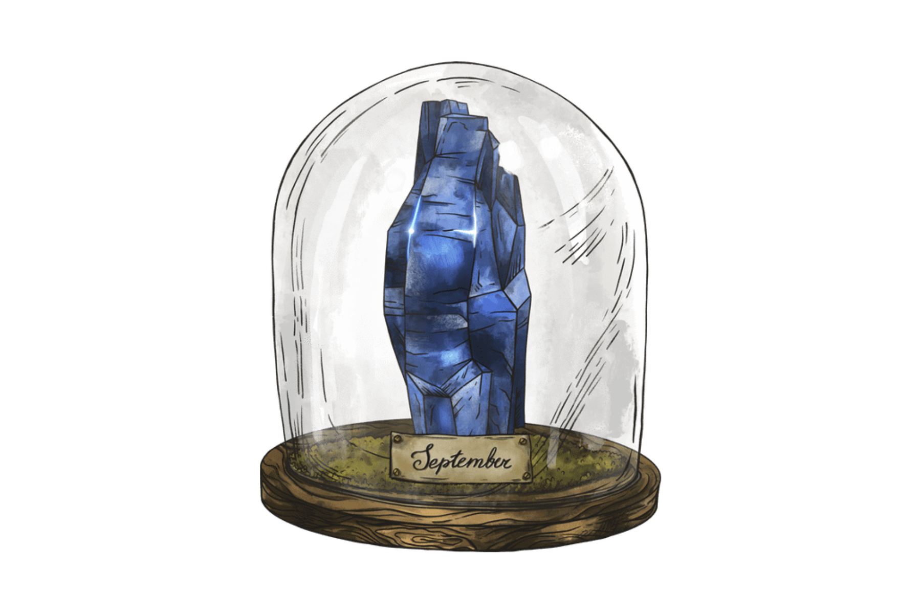 A glass jar with a sapphire birthstone