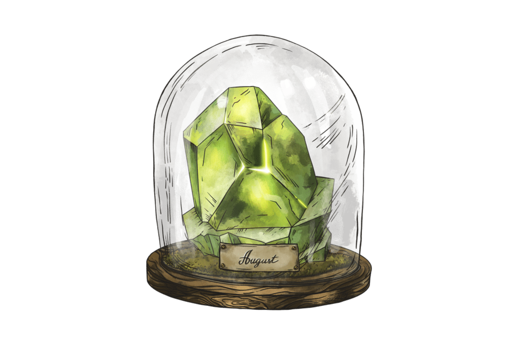 A glass jar with a peridot birthstone