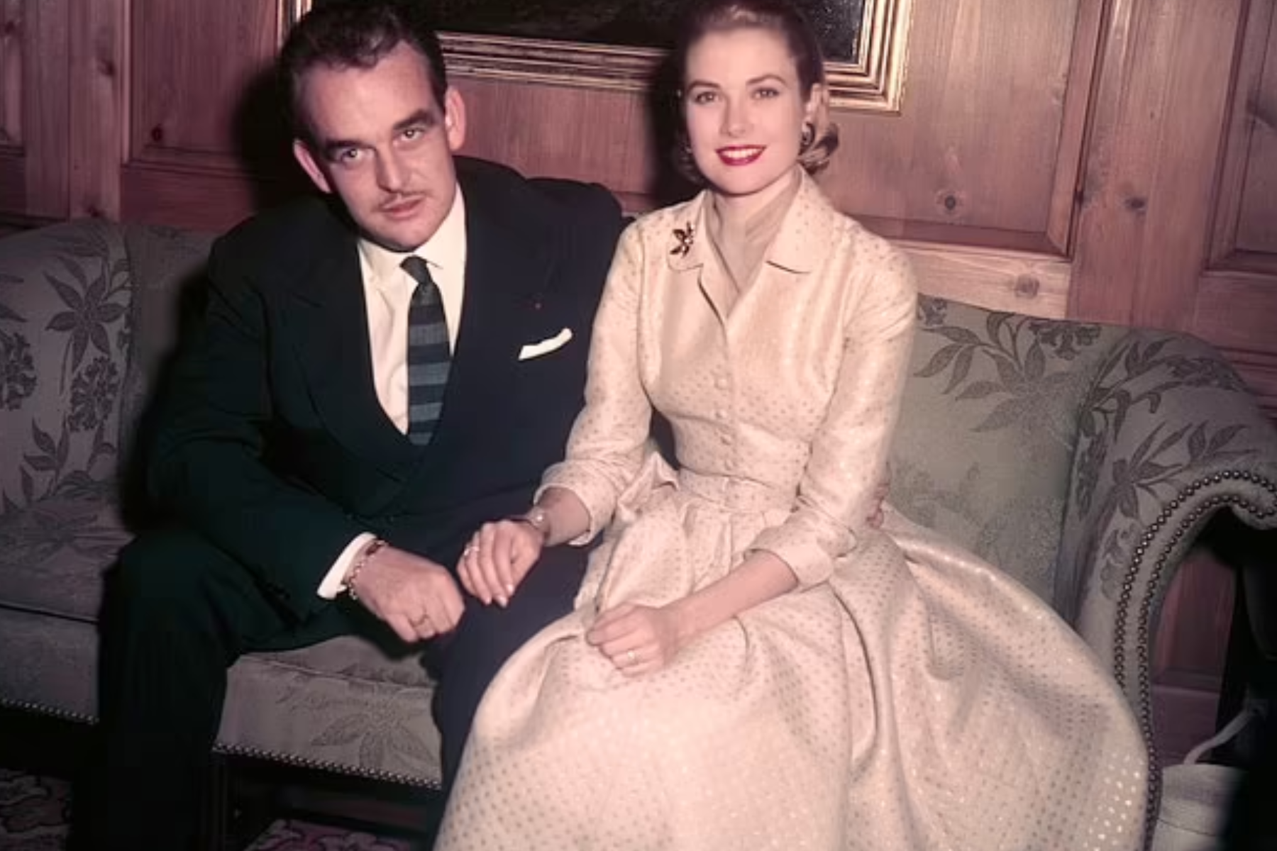 Grace and Prince Rainier at her parents' Philadelphia house after their January 1956 engagement announcement