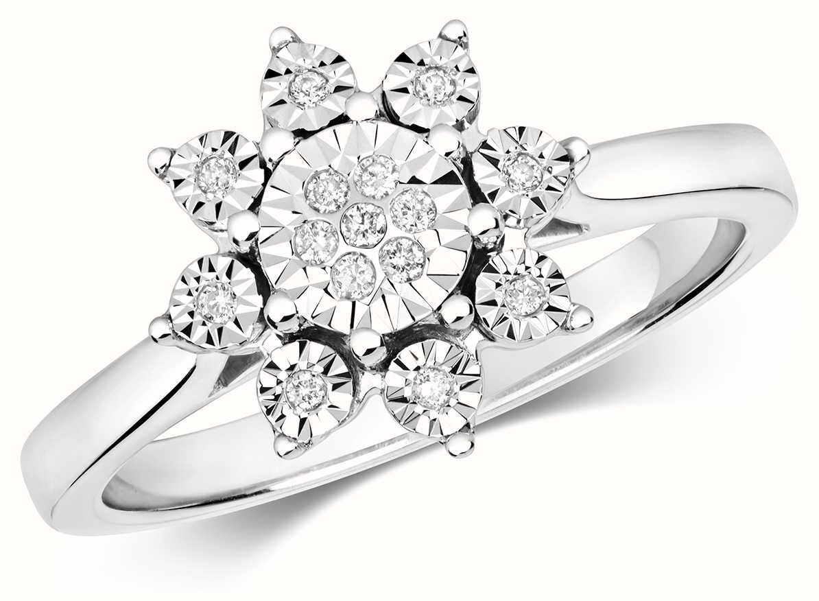 James Moore TH 9ct White Gold Illusion Diamond Flower Cluster Ring Size